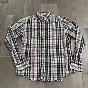 Carolina Herrera Men's Navy White Red Plaid Button-Down Shirt Size 16